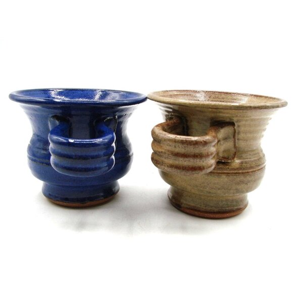 Two Vintage Stoneware Mugs Cups Blue Brown Wide Mouth Reverse Handle Artist Sign - Picture 6 of 14